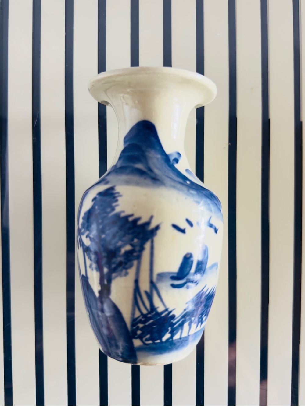 Vintage Blue and White Handpainted Ceramic Vase